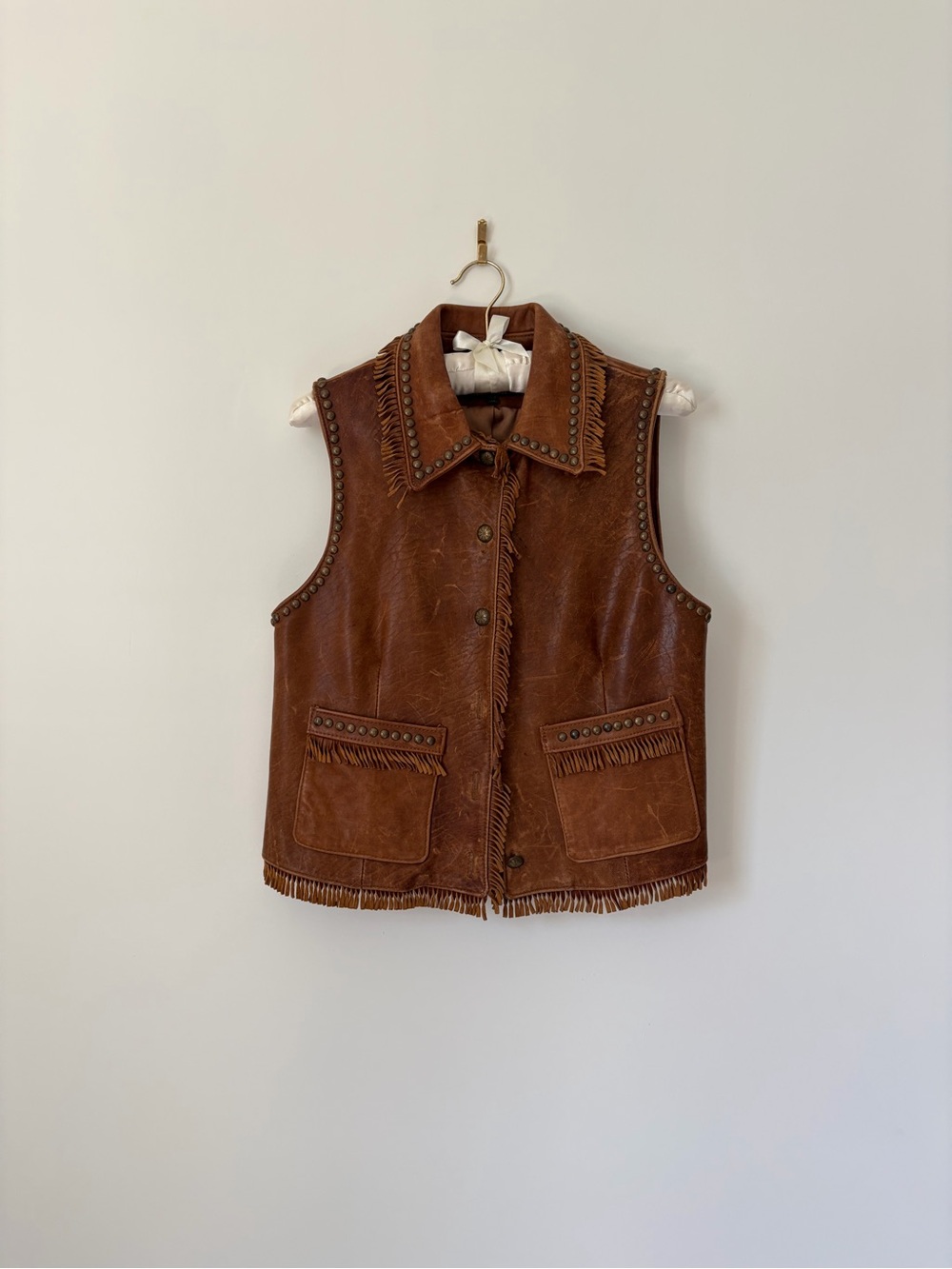 Double D Ranch Brown Studded Fringe Leather Vest